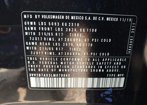 2020 Volkswagen Tiguan 2.0T Se/2.0T Se R-Line Black/2.0T Sel from USA, damaged, VIN 3VV2B7AX3LM078640